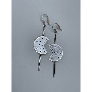 Sterling 925 Handmade Modernist Pierced Circle Pacman Shape Hook Earrings